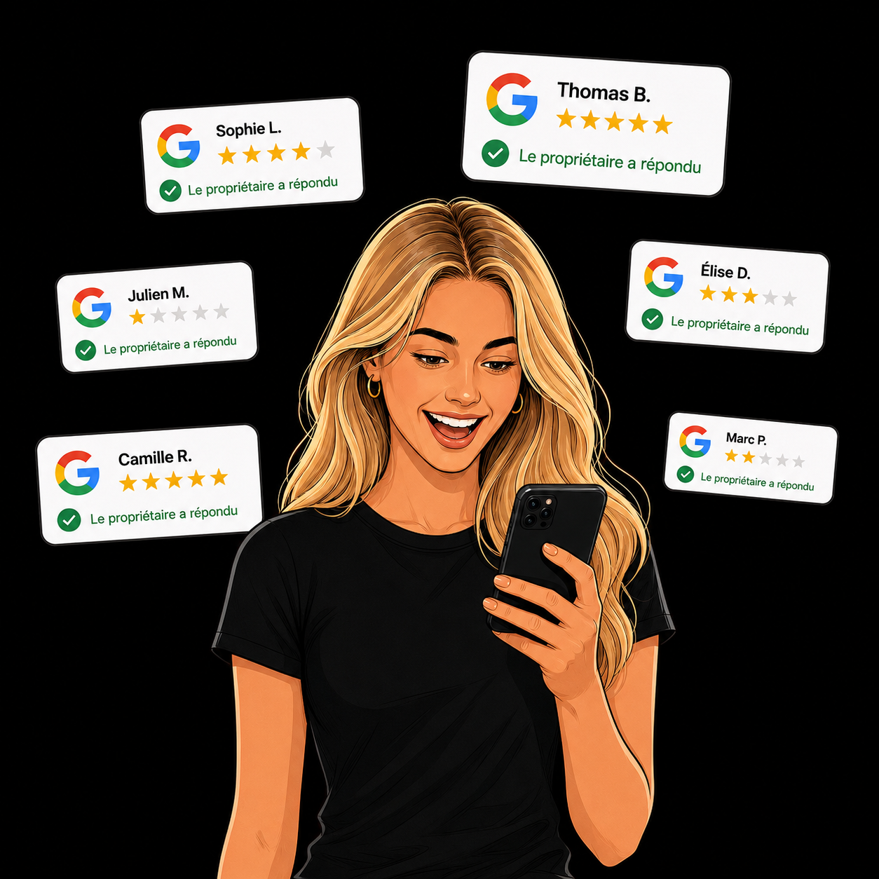 Jeune femme souriante sur son téléphone avec des avis répondus
